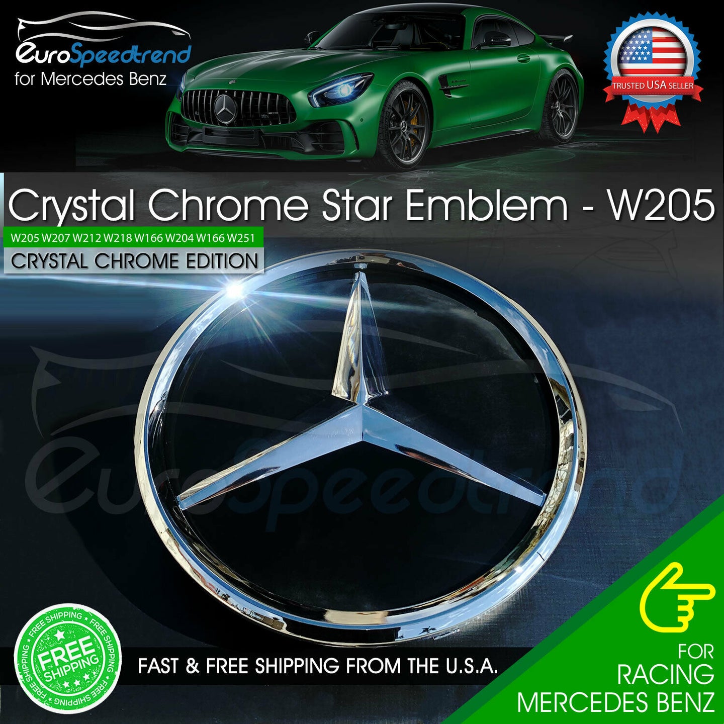 AMG Gloss Black Crystal Emblem Front Mirror Star fit Mercedes Benz W205 W204 C E