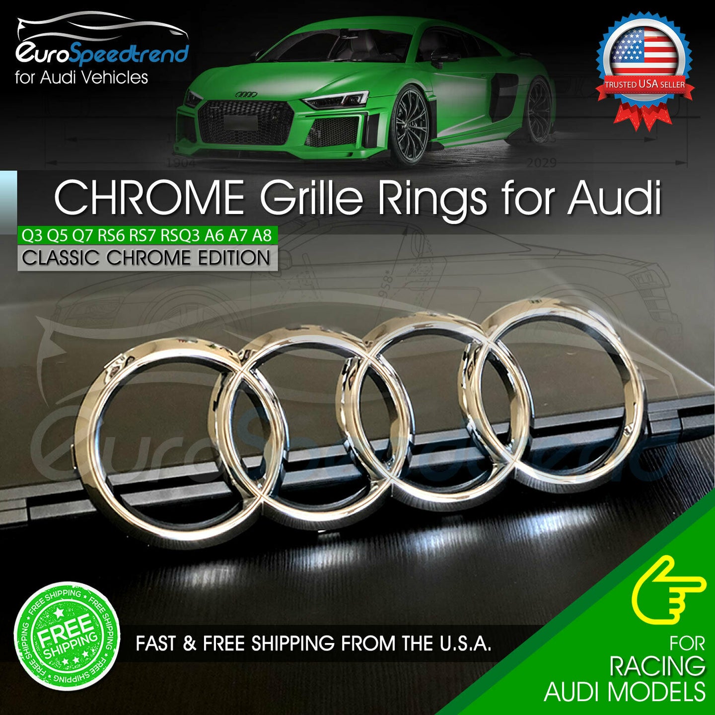 Audi Rings Front Grille Chrome Emblem Badge Q5 SQ5 Q3 Q7 A6 A7 4H0853605B2ZZ