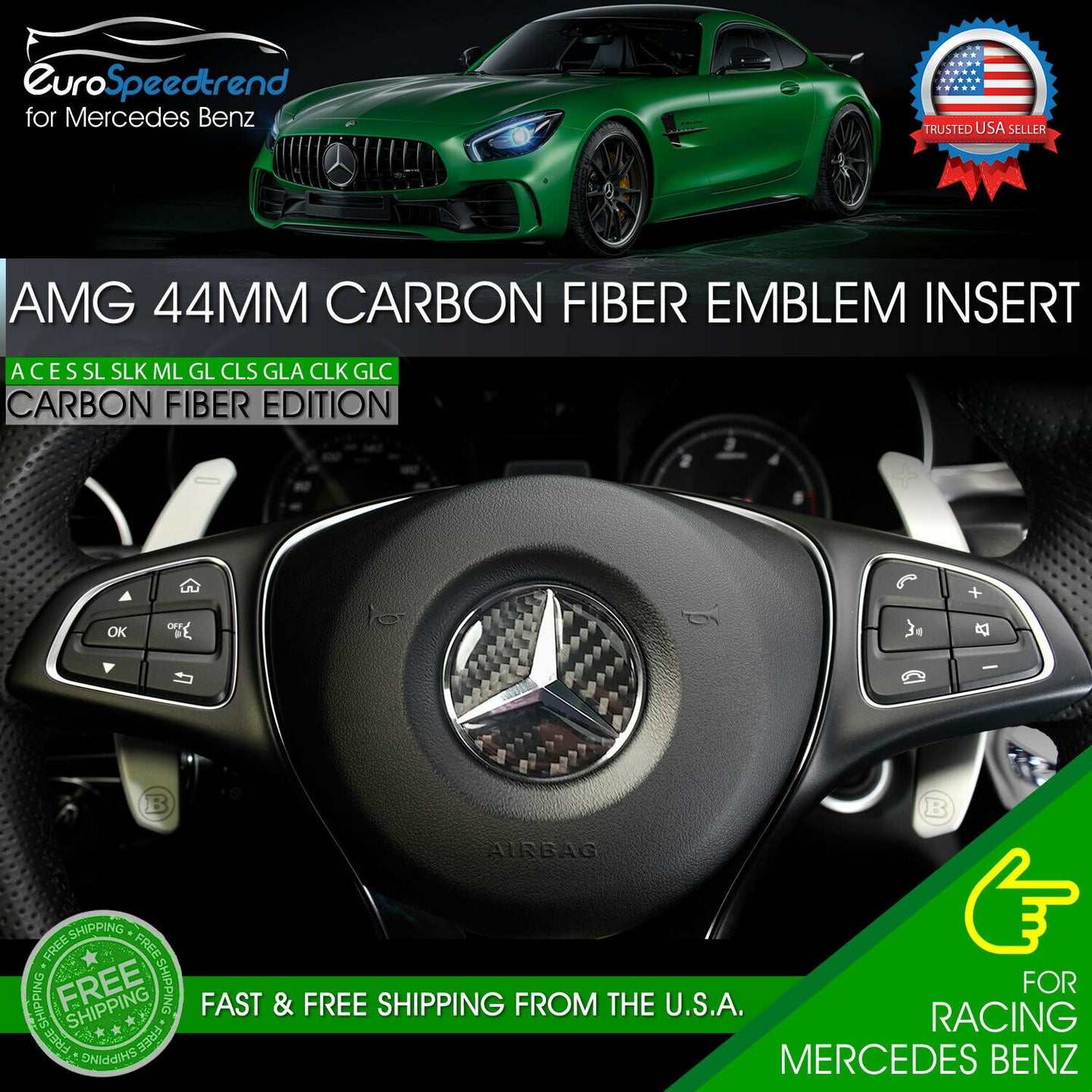 44mm Emblem Carbon Fiber Insert Mercedes Benz Steering Wheel Center Logo AMG