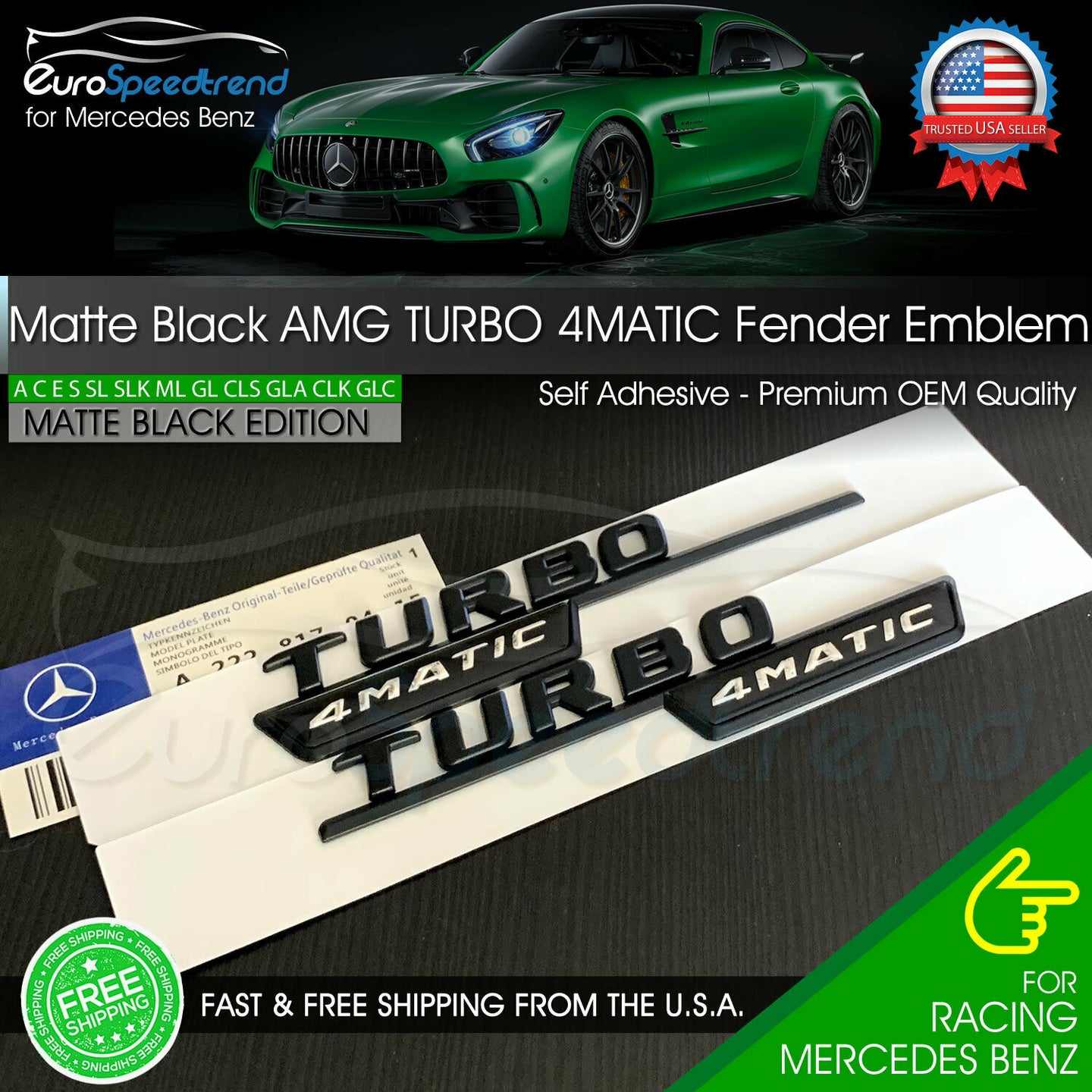 TURBO 4MATIC Emblem AMG 2017+ Mercedes Benz Side Fender Matte Black OEM 3D GLA45