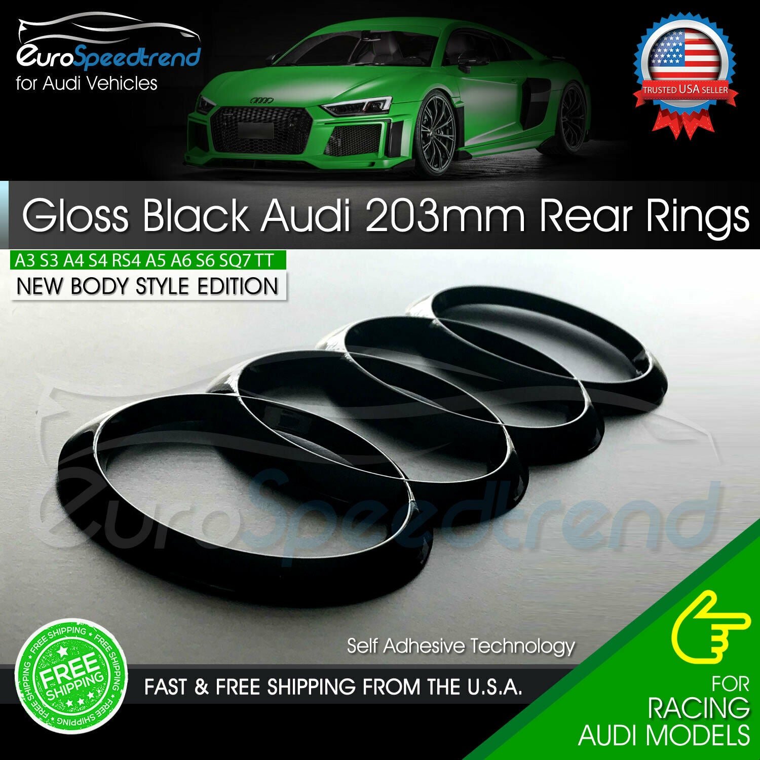 AUDI Rear Rings Gloss Black 203mm Trunk Lid Emblem Badge Logo A4 S4 A5