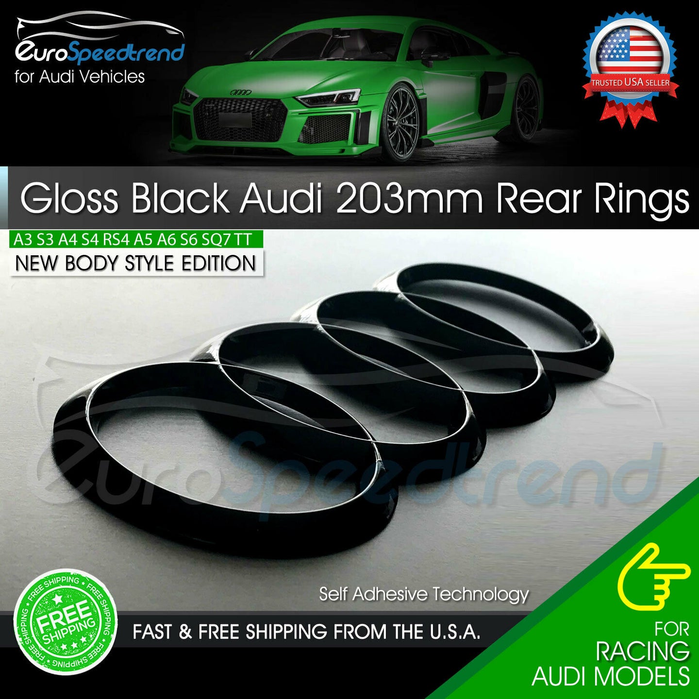 AUDI Rear Rings Gloss Black 203mm Trunk Lid Emblem Badge Logo A4 S4 A5 S6 A6 Q5