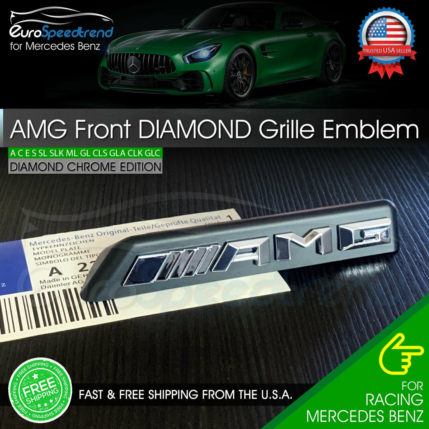AMG Front Diamond Grille Emblem Mercedes Benz Radiator Chrome Badge C43 E43 OEM