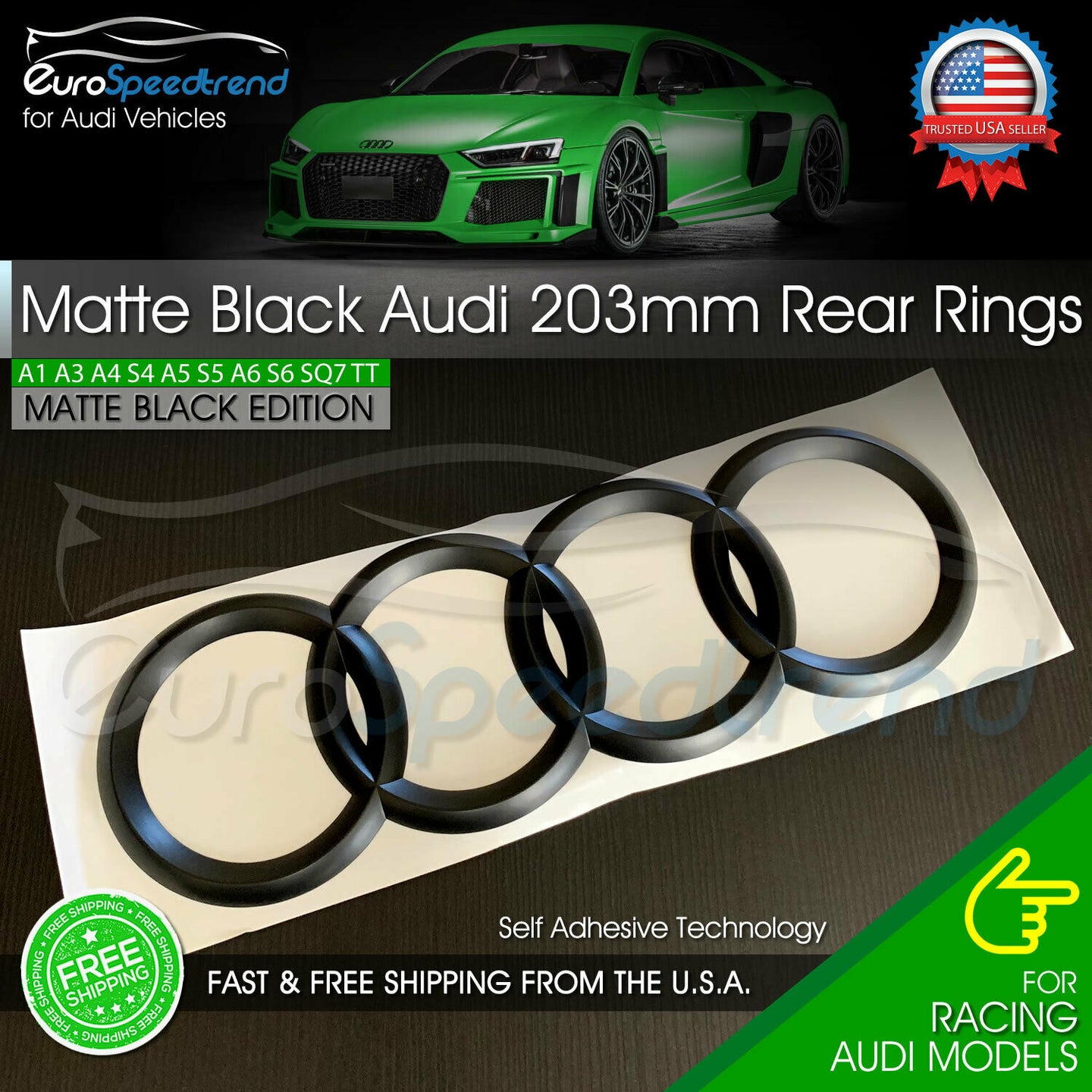 AUDI Rear Rings Matte Black 203mm Trunk Lid Emblem Badge Logo A4 S4 S6 A6 Q3 Q5