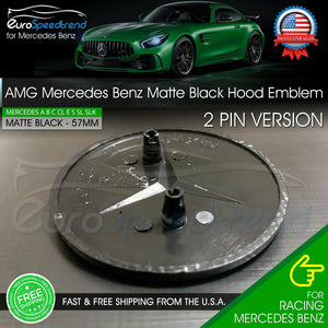 Front AMG Hood Emblem Matte Black Flat Laurel Wreath Badge Mercedes 2 Pins 57mm