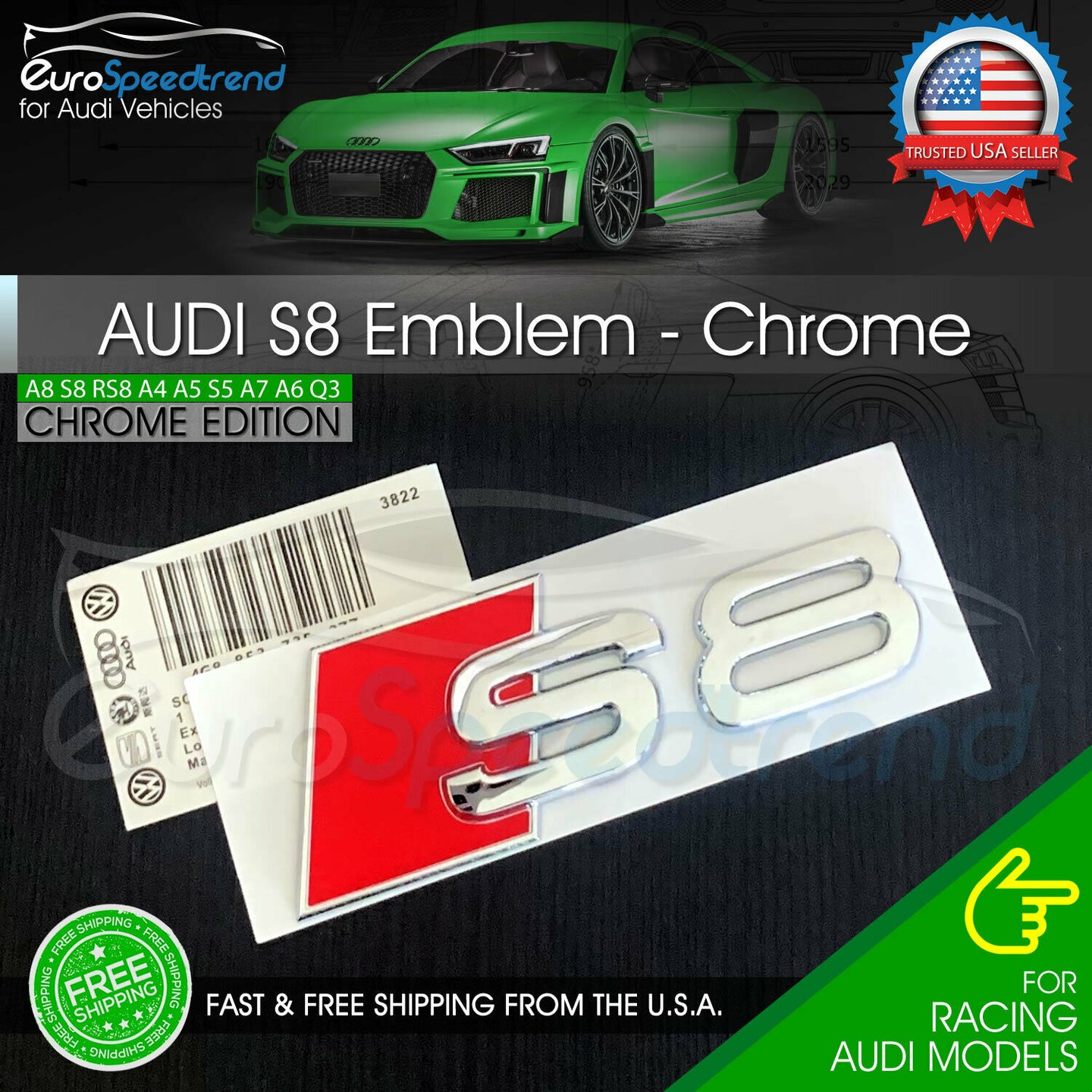 Audi S8 Emblem Chrome 3D Badge Rear Trunk Lid for S Line OEM Logo Nameplate A8