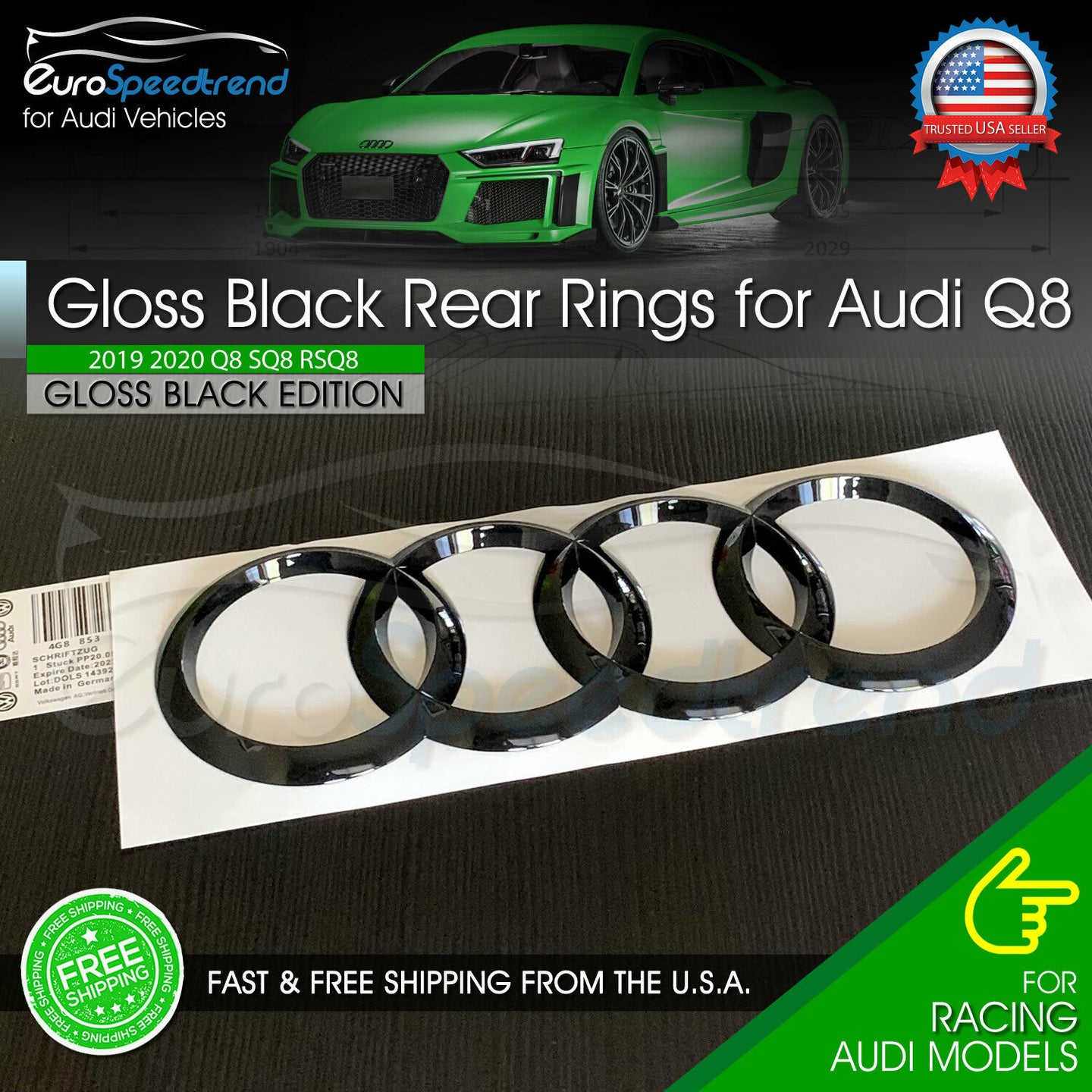 Q8 Rear Audi Ring Emblem Gloss Black Trunk Lid Badge OEM Logo SQ8 2019 - 2020