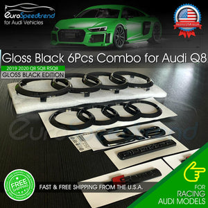 Audi Q8 Front Rear Ring Emblem Gloss Black Trunk Badge OE 6PCS S-Line 2019+ Set