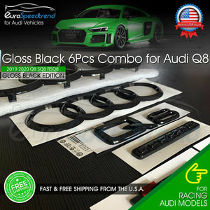 Audi Q8 Front Rear Ring Emblem Gloss Black Trunk Badge OE 6PCS S-Line 2019+ Set