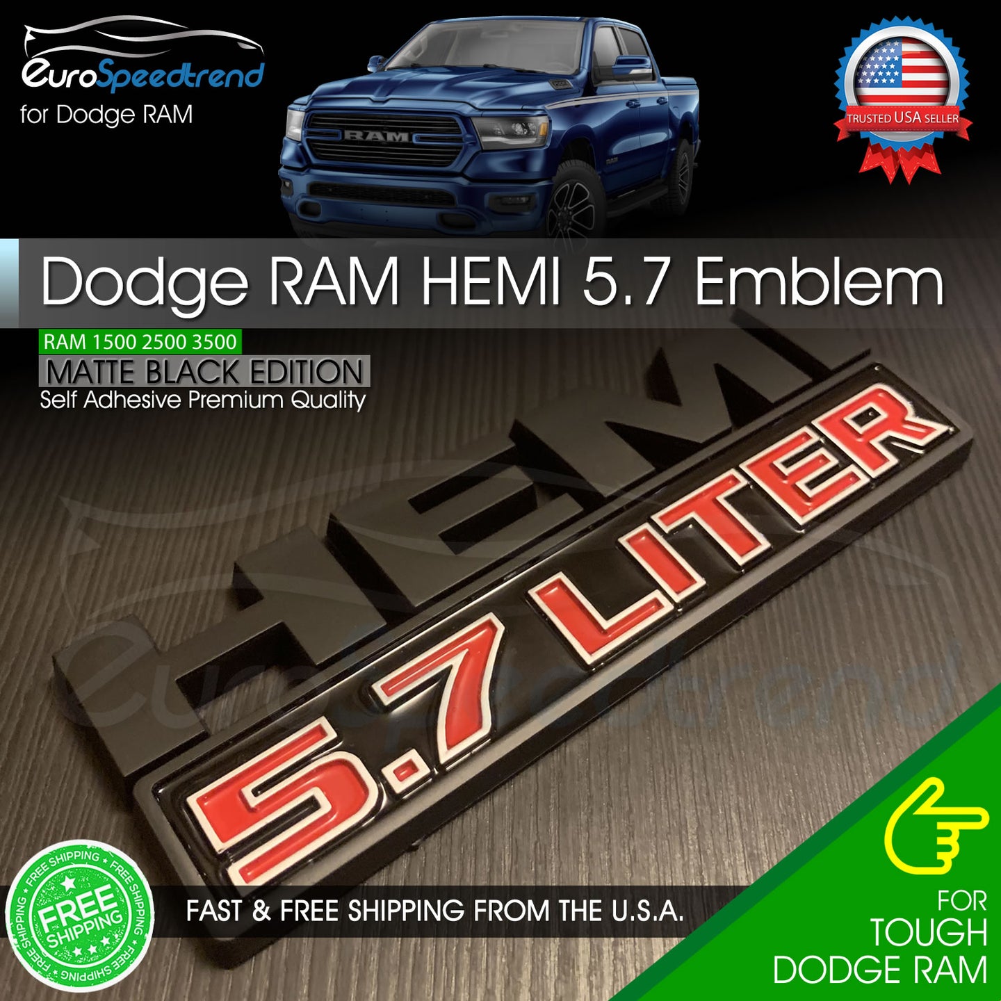 Hemi 5.7 Liter Emblem Matte Black Badge for Dodge Ram 1500 2500 3500 Charger 2X