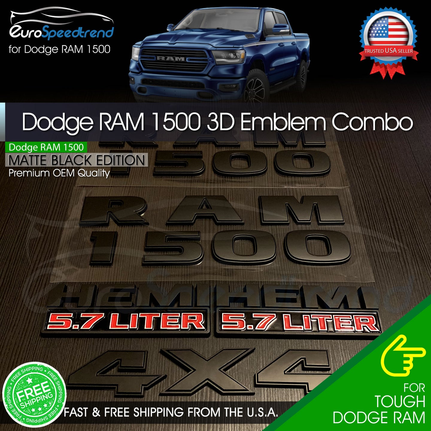 For Ram 1500 Emblem Matte Black Badge Dodge Hemi 5.7 Liter 4X4 Logo Letter OEM