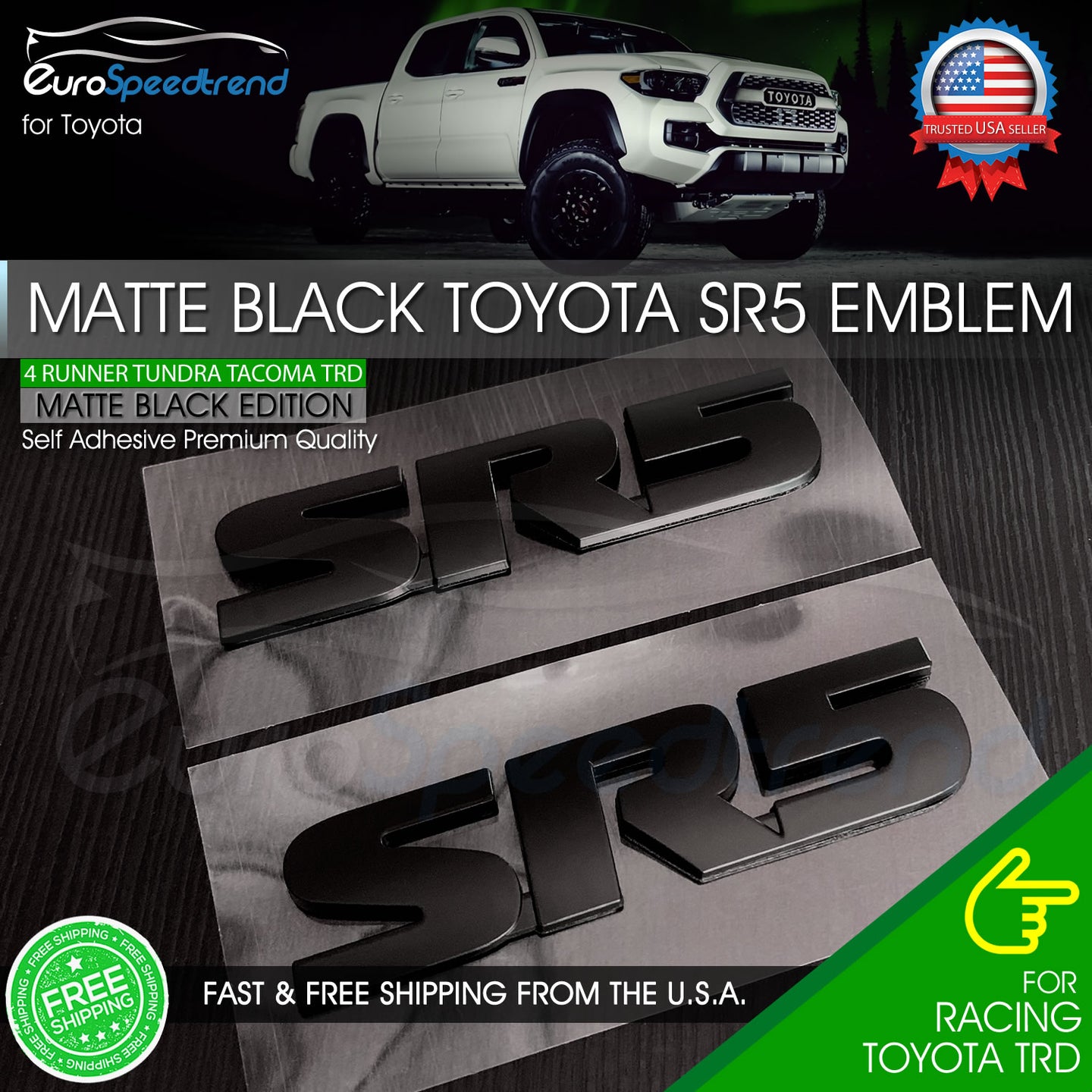 2x SR5 Emblem Matte Black for Toyota 4Runner TRD Tacoma Side Rear Tailgate Badge