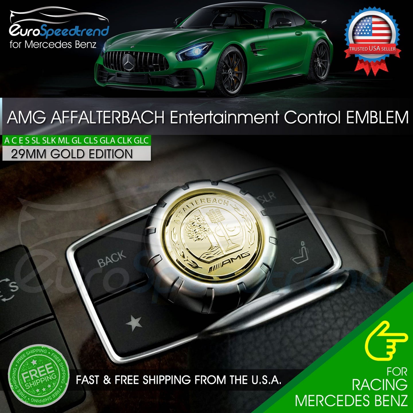 Gold Affalterbach 29mm AMG Tree Interior Emblem Multimedia Button Badge Benz