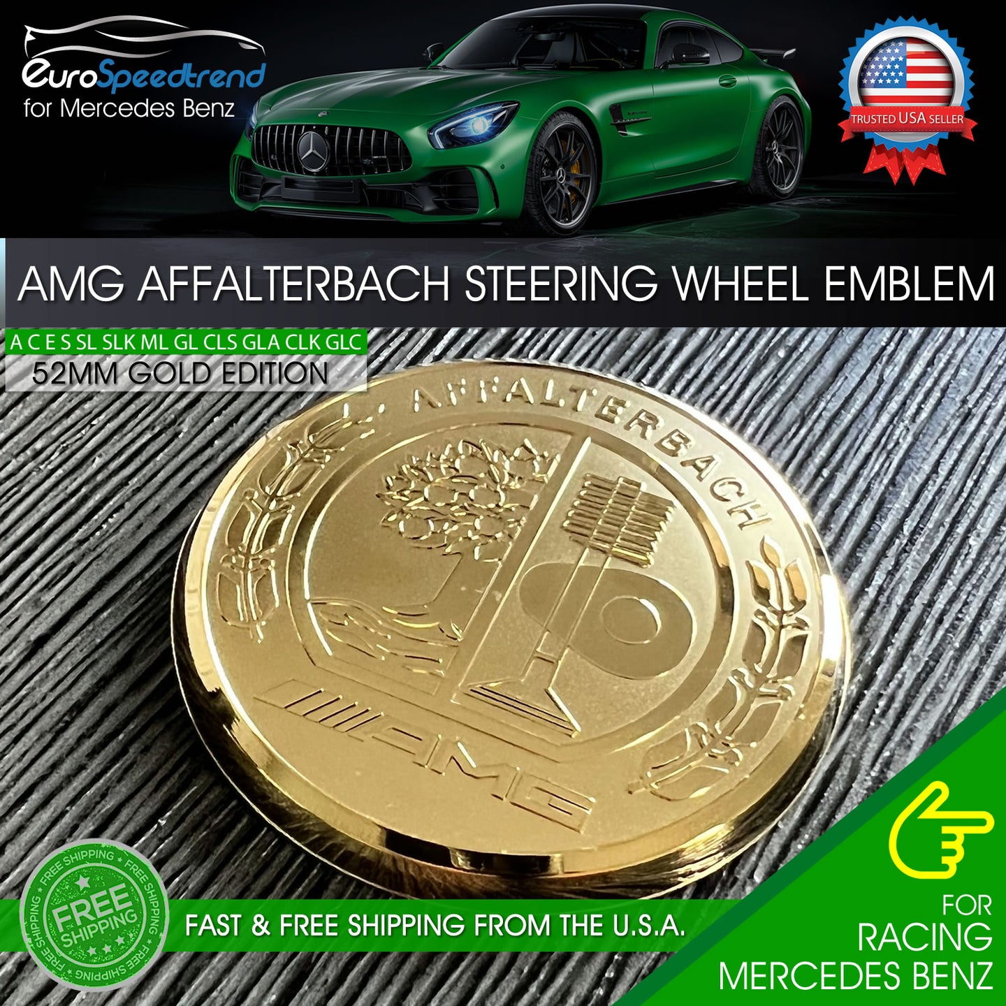 AMG Steering Wheel Affalterbach Tree Gold Emblem 3D Interior 52mm Badge Benz