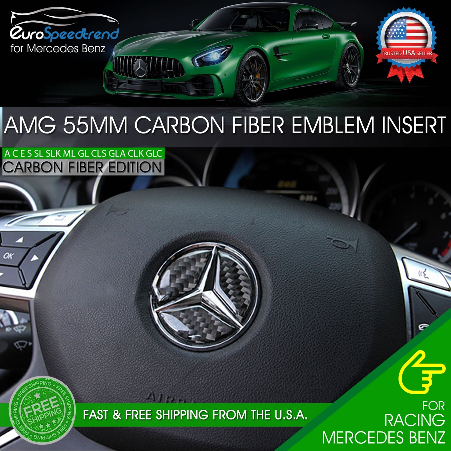55mm Emblem Carbon Fiber Insert Mercedes Benz Steering Wheel Center Logo AMG
