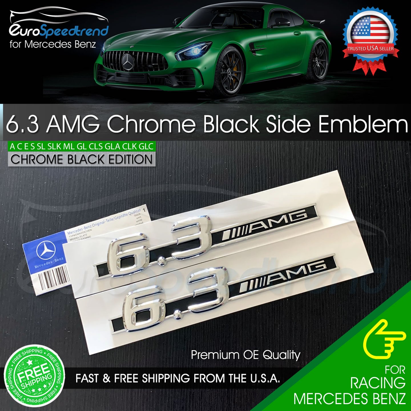 6.3 AMG Side Emblem Chrome Black Fender Badge Mercedes OE W204 C63 W212 E63 S63