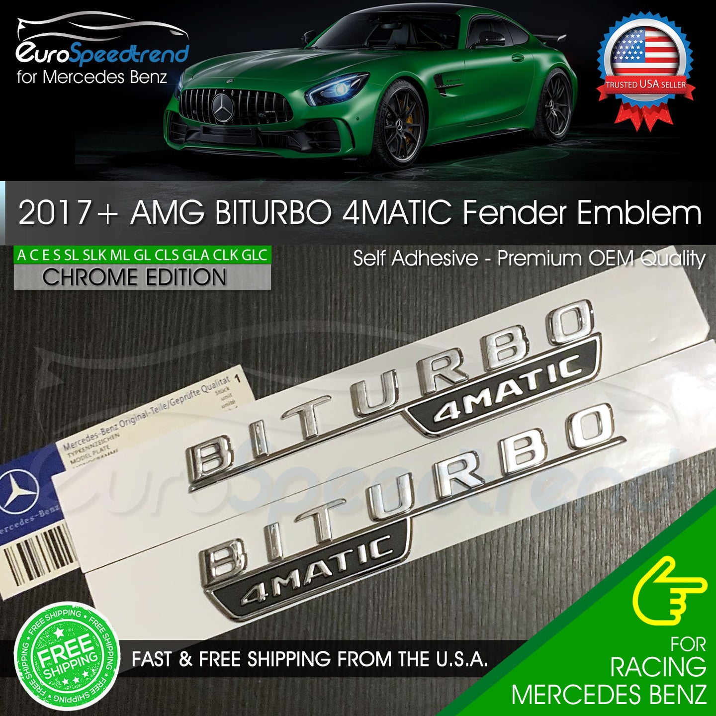 2017+ BiTurbo 4Matic Chrome AMG Fender Emblem Benz C43 C63 E43 E63 Badge Side