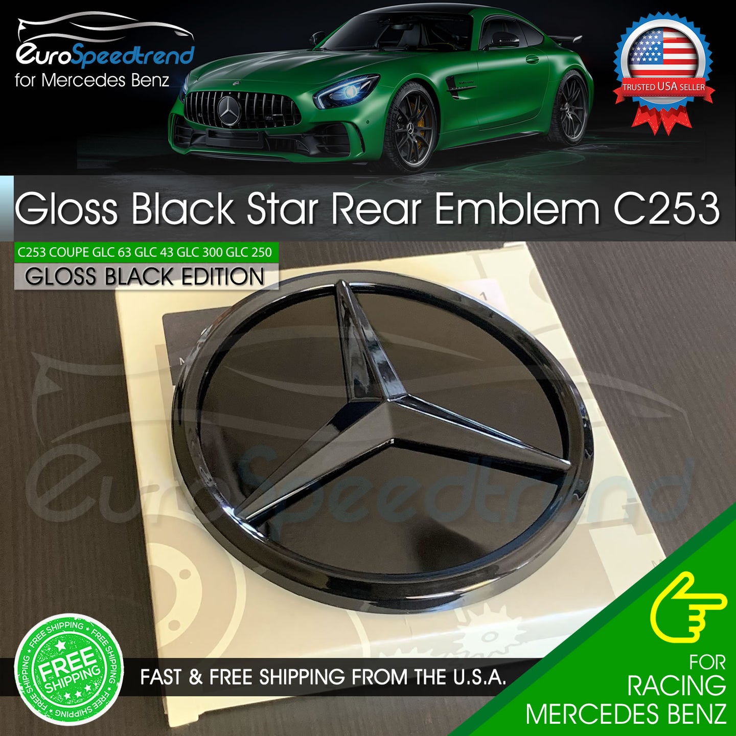 GLC Coupe C253 Gloss Black Star Trunk Emblem Mercedes GLC 45 Rear Logo Badge AMG