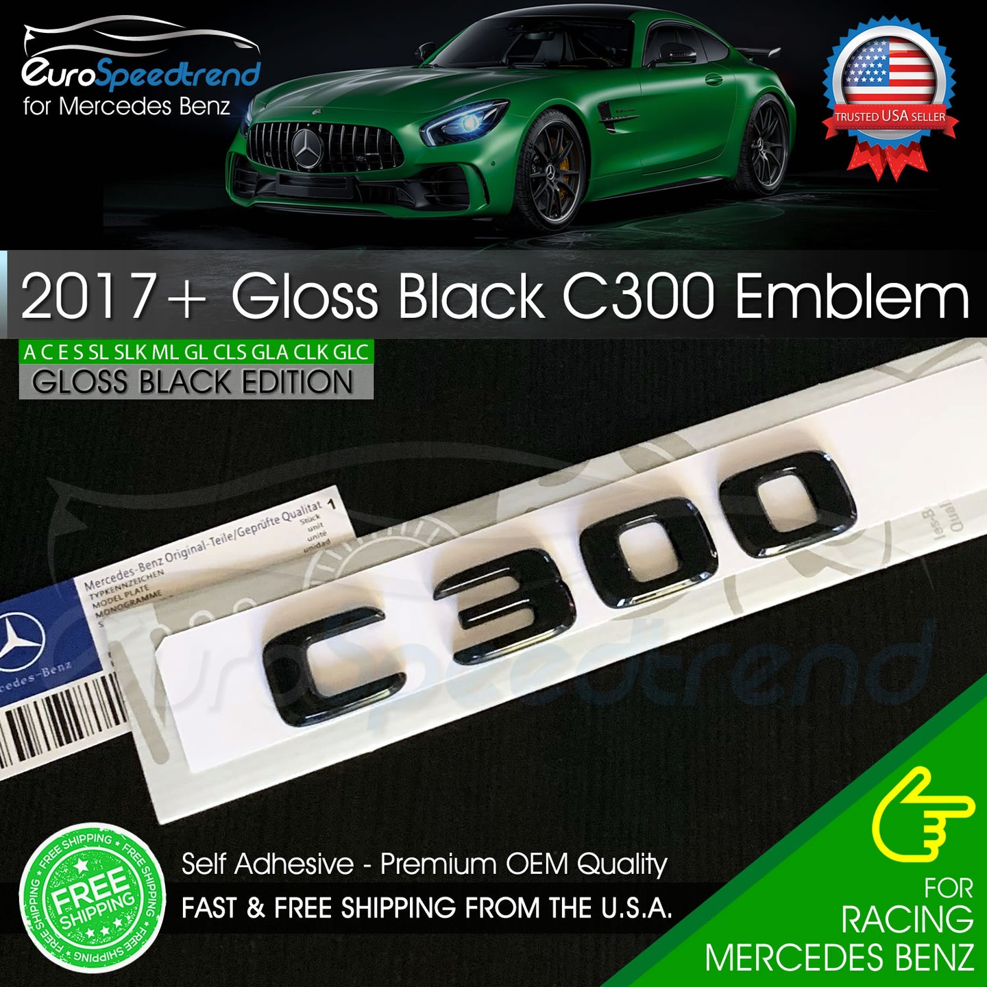 AMG C 300 Letter Emblem Gloss Black Trunk Rear Mercedes Benz W205 2017+ OEM W204