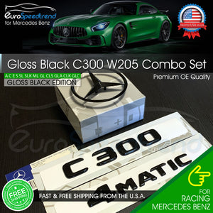 C300 Emblem 4MATIC Gloss Black W205 SEDAN Trunk Star Badge Set AMG Mercedes Benz