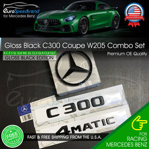 C300 Emblem 4MATIC Gloss Black W205 COUPE Trunk Star Badge Set AMG Mercedes Benz