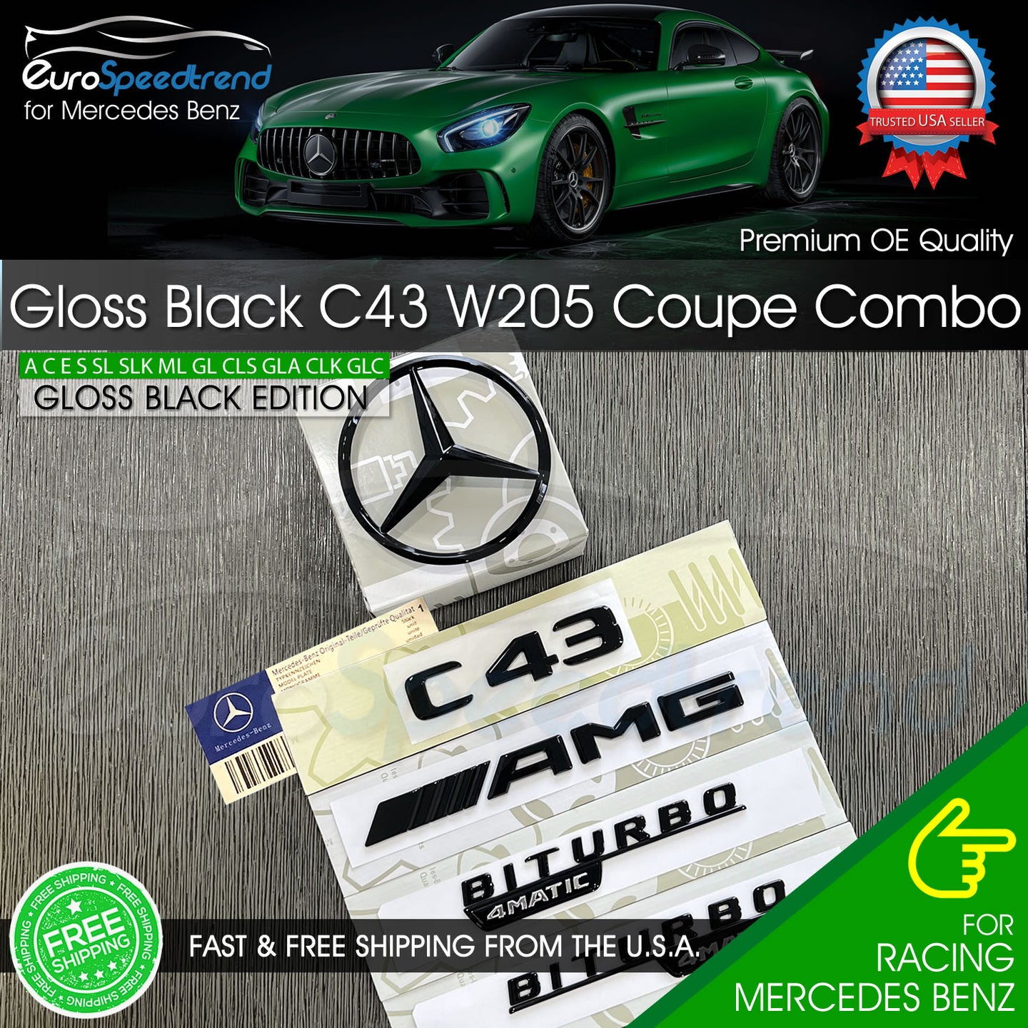 C43 AMG BITURBO 4MATIC Gloss Black Coupe Emblem Rear Star Badge Set Benz W205