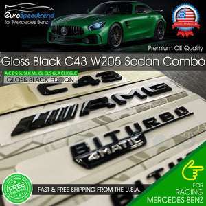 C43 AMG BITURBO 4MATIC Gloss Black Emblem Rear Star Badge Set Sedan Benz W205