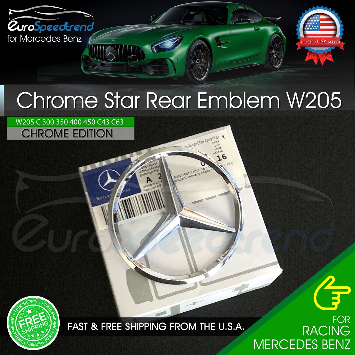 Mercedes W205 Chrome Star C Class Trunk Emblem for Rear Lid Logo Badge AMG C63