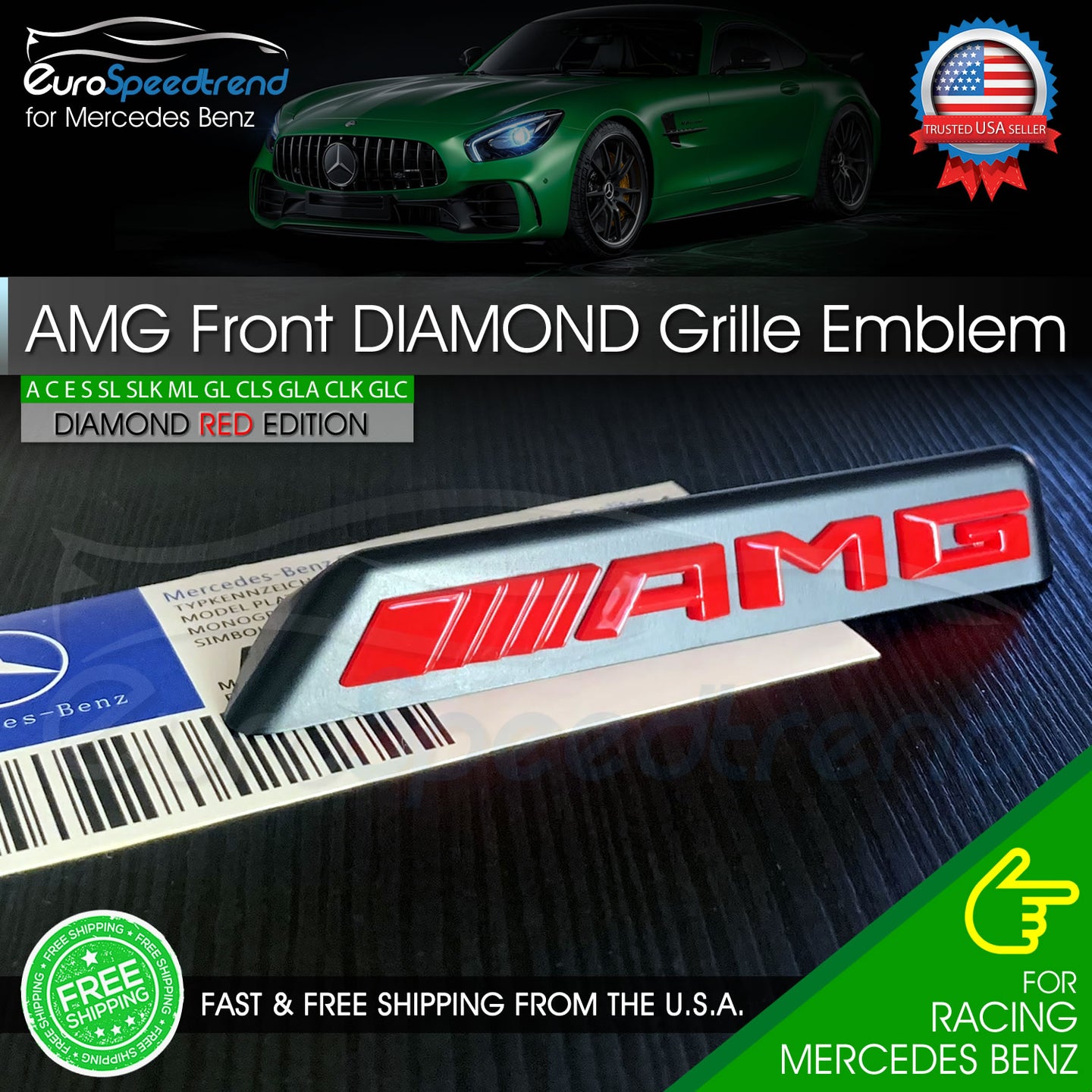 AMG Front Diamond Grille Emblem Mercedes Benz Radiator RED Badge C43 E43 OEM