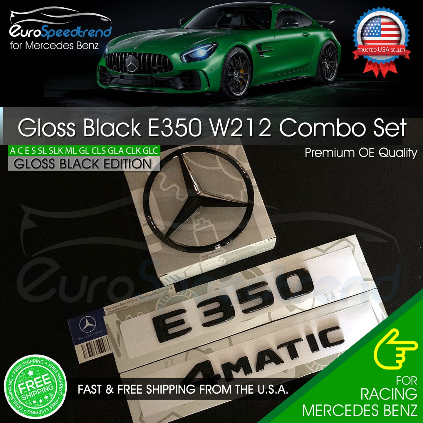 E350 4MATIC Gloss Black Emblem Rear Trunk Star Badge Set AMG Mercedes Benz W212