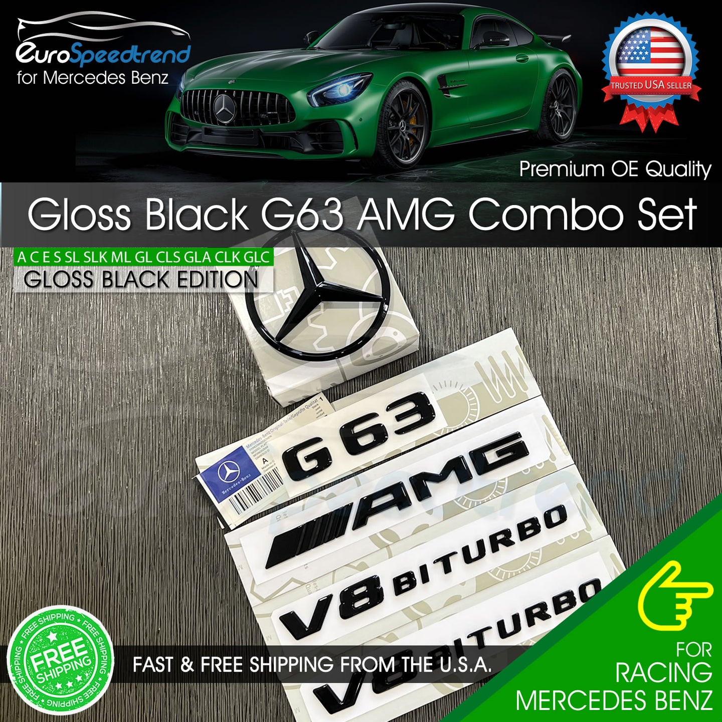 G63 AMG V8 BITURBO Gloss Black Emblem W463 W464 Rear Star Badge Combo Set Benz