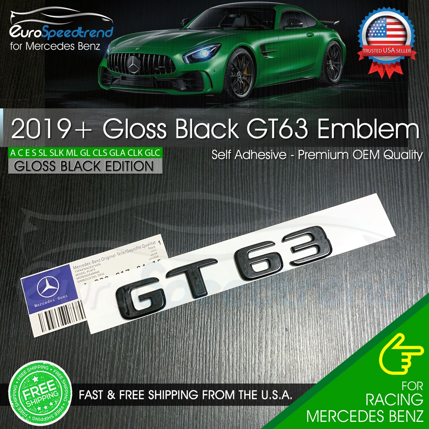 AMG GT63 Emblem Gloss Black 3D Trunk Rear Badge fit Mercedes Benz GT 63 OE Spec