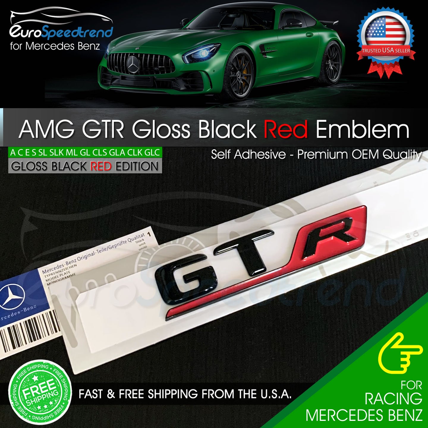 AMG GTR GT R Emblem Gloss Black Red 3D Trunk Rear Badge for Mercedes Benz OE