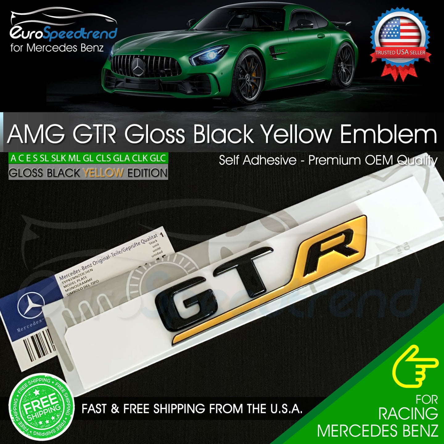 AMG GTR GT R Emblem Gloss Black Yellow 3D Trunk Rear Badge for Mercedes Benz OE