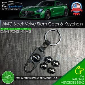 AMG Valve Stem Caps and Keychain Black Mercedes-Benz Emblem Wheel Tire Cap C E S