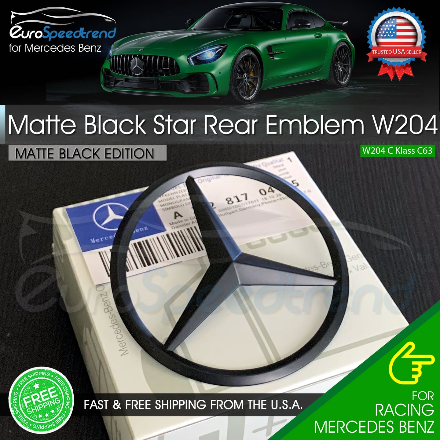 Matte Black Star Trunk Emblem for Rear Lid Logo Badge W204 C Class Mercedes AMG