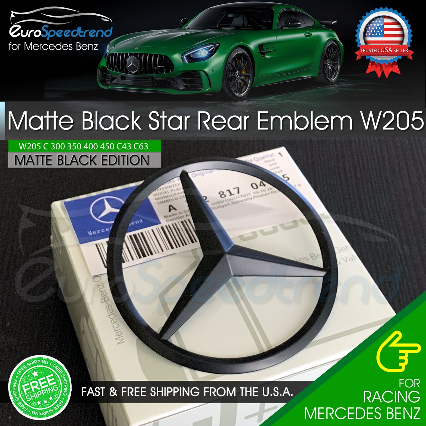 Mercedes W205 Matte Black Star C Class Trunk Emblem for Rear Lid Logo Badge AMG