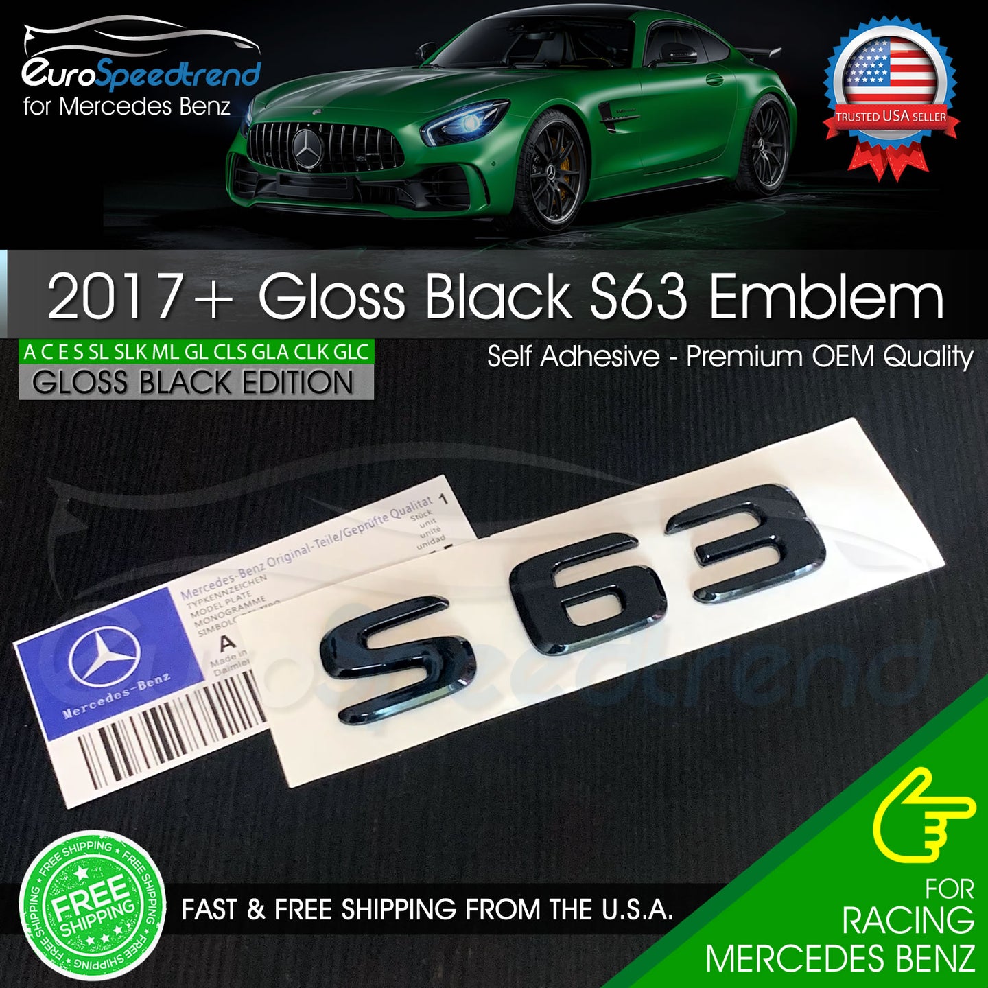 AMG S 63 Letter Emblem Gloss Black Trunk Rear Badge S63 Mercedes Benz 2017+ OE
