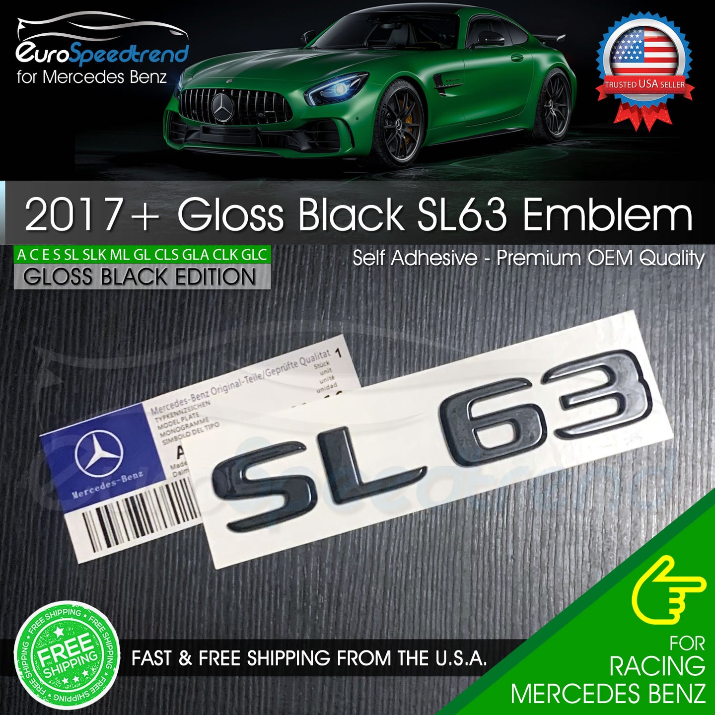 AMG SL63 Letter Emblem Gloss Black Trunk Rear Badge Mercedes Benz 2017+ OEM SL