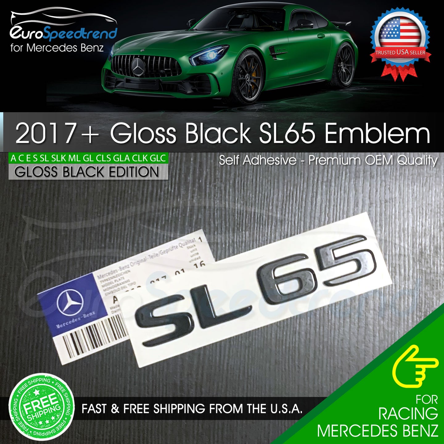 AMG SL65 Letter Emblem Gloss Black Trunk Rear Badge Mercedes Benz 2017+ OEM SL