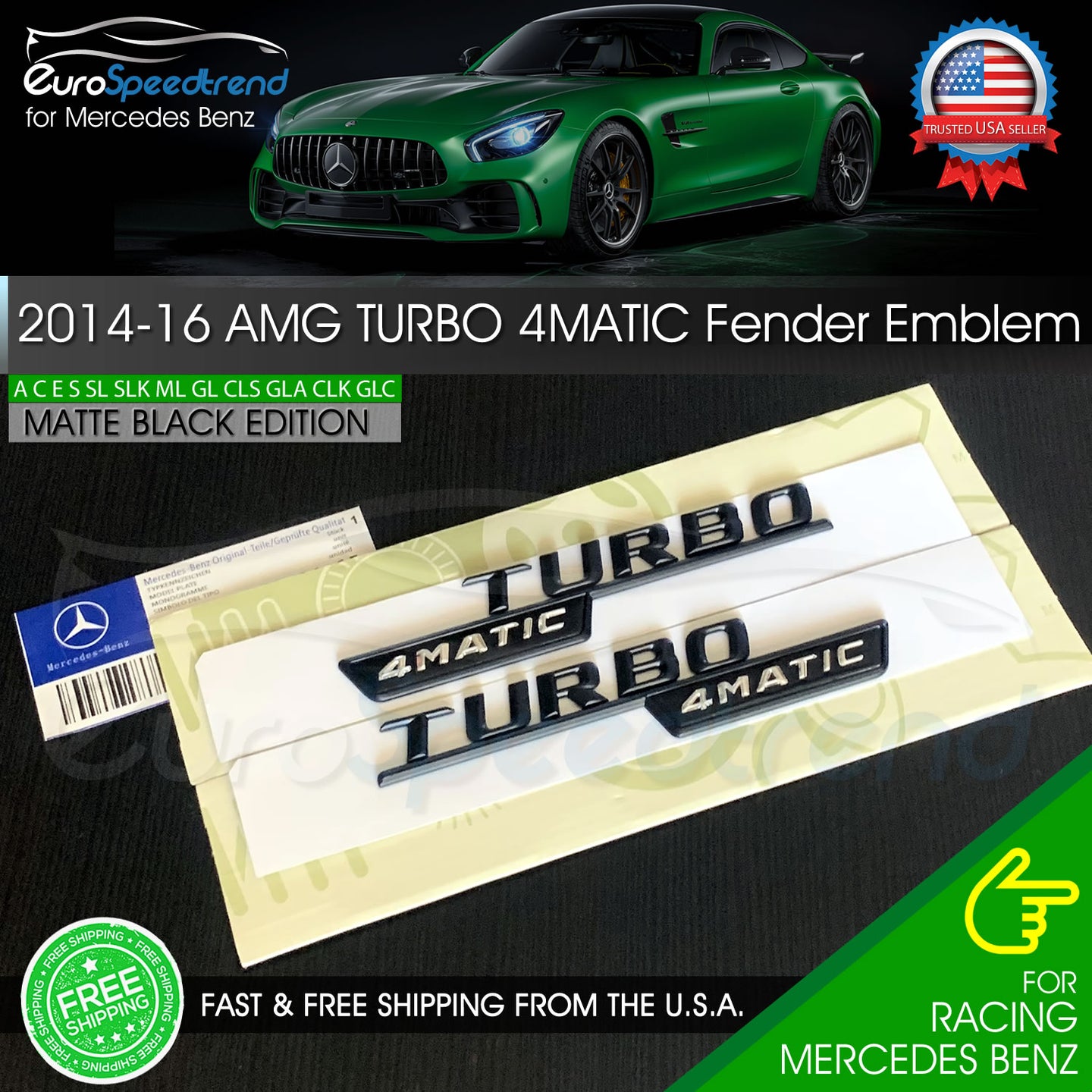 TURBO 4MATIC Emblem Matte Black AMG 2014-16 Mercedes Benz Side Fender 3D Badge