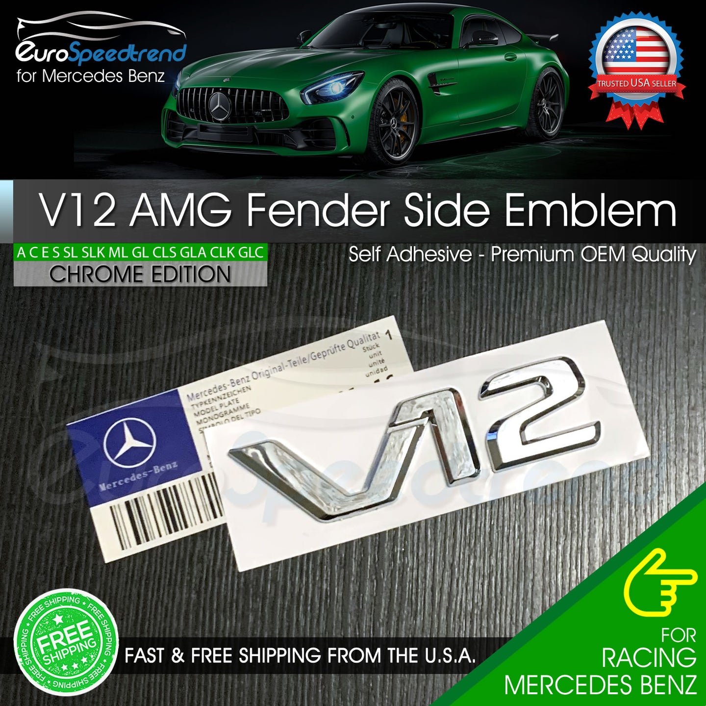 AMG V12 Letter Chrome Emblem Side Front Fender Badge fit Mercedes-Benz Logo OEM
