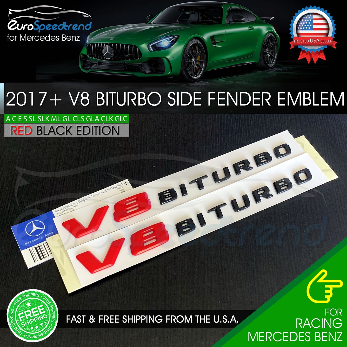 V8 BiTurbo Emblem Side Fender 3D Badge Mercedes Benz AMG 17+ Red Black C63 E63