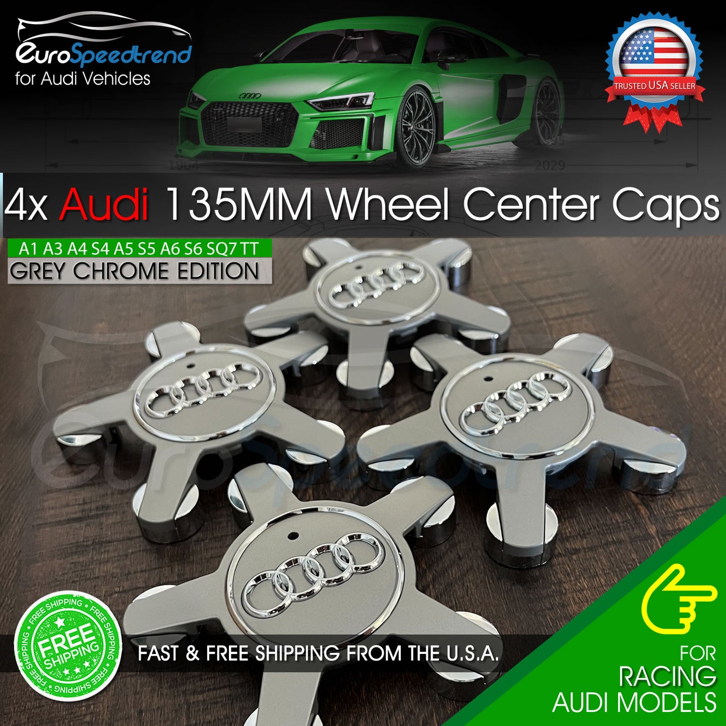 Audi Grey Chrome 135mm Wheel Spyder Center Hub Caps Rim 4PC Set 4F0601165N OE
