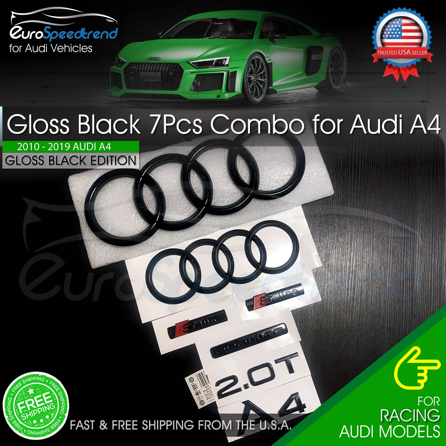 Audi A4 Front Rear Rings Emblem Gloss Black SLine Quattro 2.0T Set 7PC