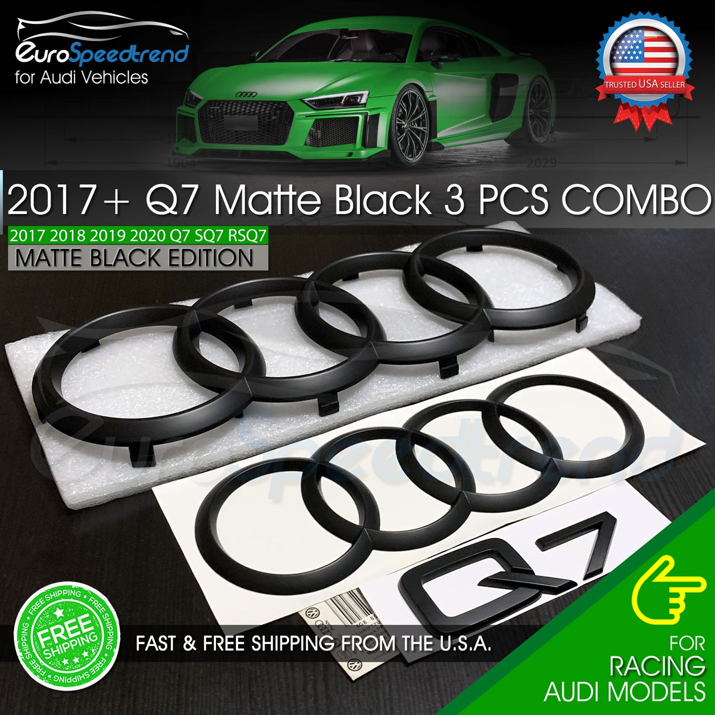 Audi Q7 Rings Emblem Matte Black Front Grill Rear Trunk Badge OEM 3PC Set 2017+