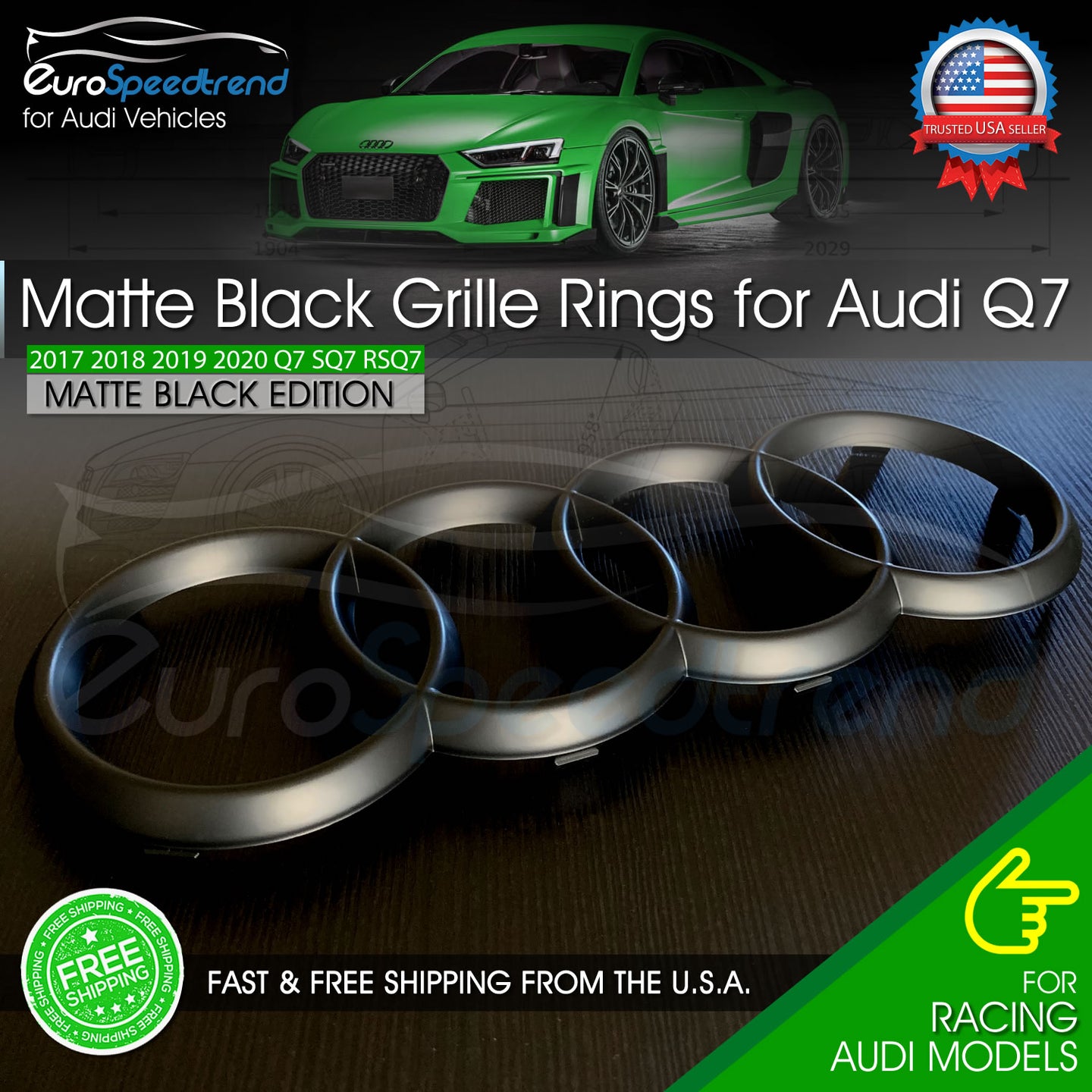 Audi Q7 Front Grille Rings Emblem Matte Black 2017 - 2022 4M0-853-605-2ZZ 316MM
