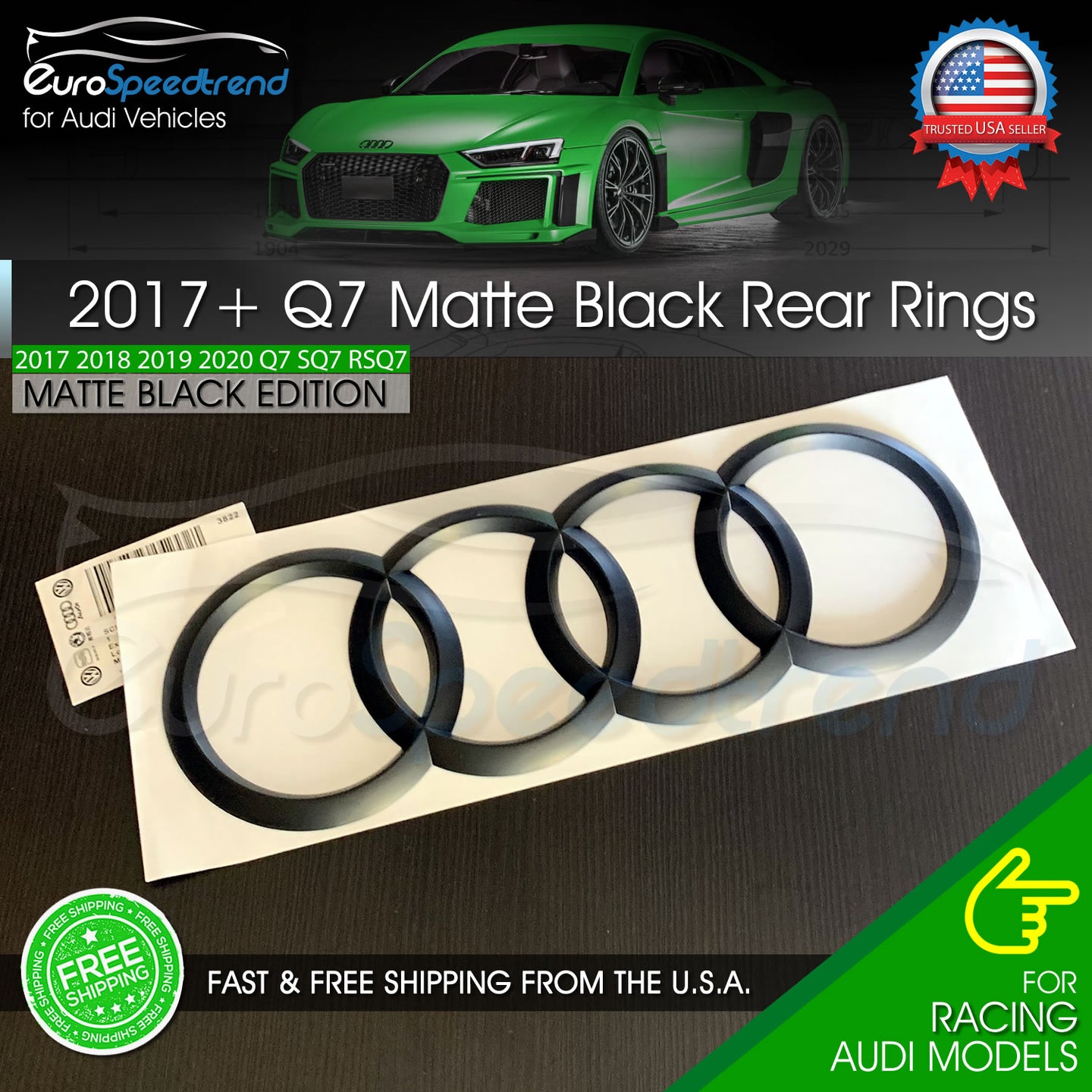 AUDI Q7 Rear Rings Matte Black SQ7 Trunk Lid Badge Logo Emblem OEM 2017 230mm