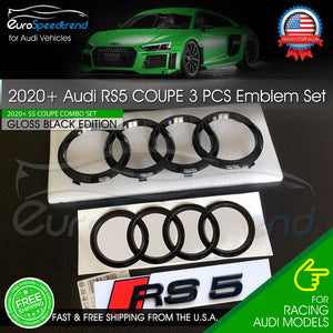 Audi RS5 COUPE Front Rear Rings 2020+ Emblem Gloss Black Logo Badge Combo Set OE