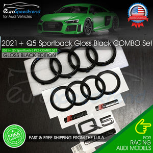 Audi Q5 Sportback Emblem Gloss Black Rings Front Rear Quattro S-Line 2021+ 6PCS
